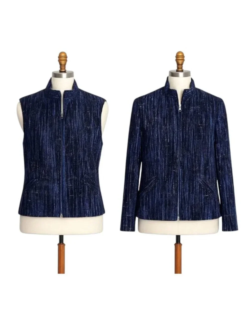 Bibi Stein Handwoven Jacket & Vest Set Navy Textured Full Zip Artisan Designer